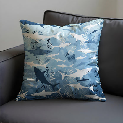 Ocean Shark Cushion Cover, Blue & White Underwater Throw Pillow Case