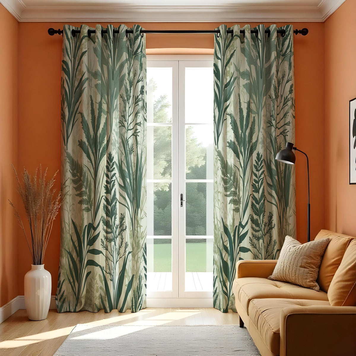 Green Tropical Leaf Curtains, Nature Botanical Print Drapes