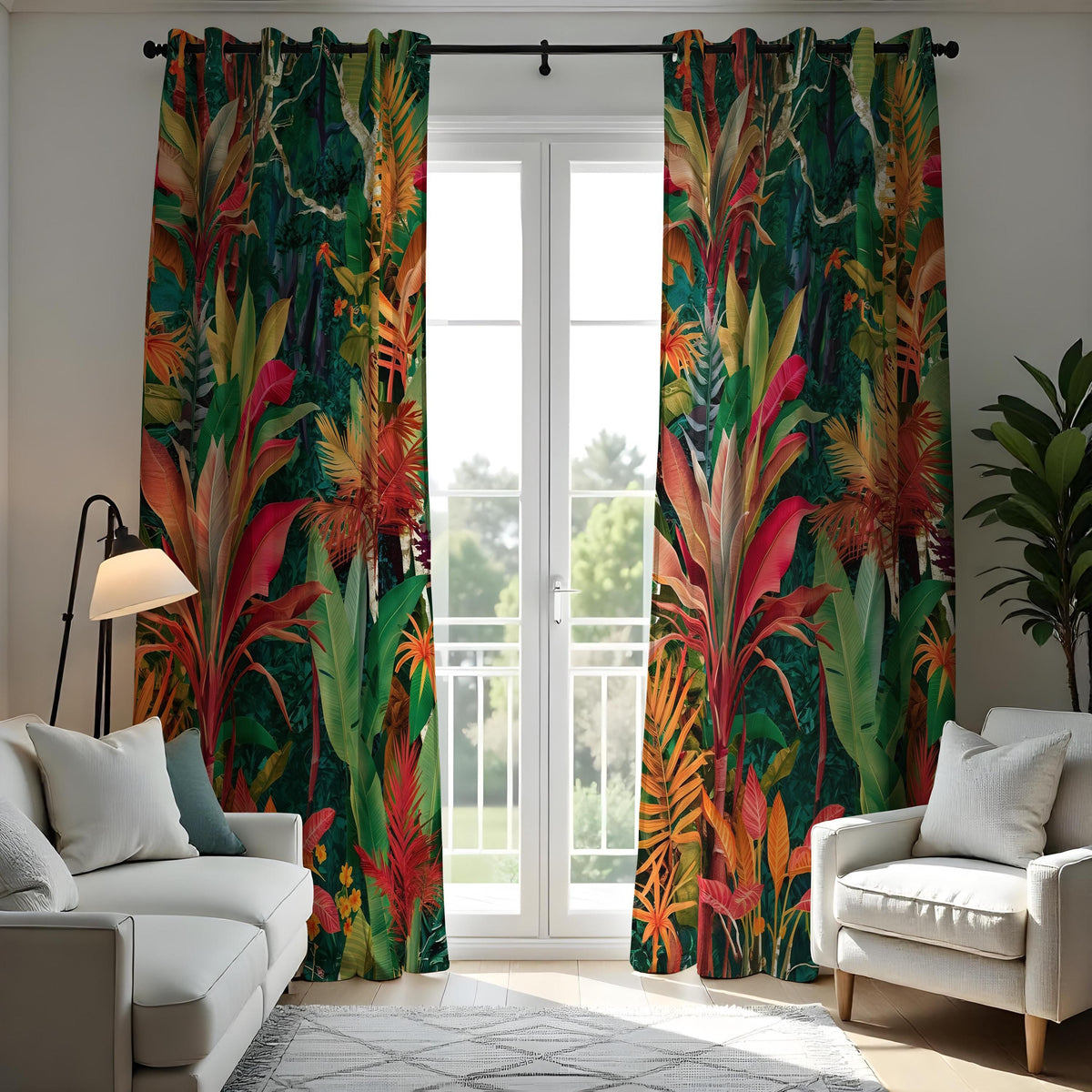 Colorful Jungle Leaf Curtains, Exotic Tropical Drapes