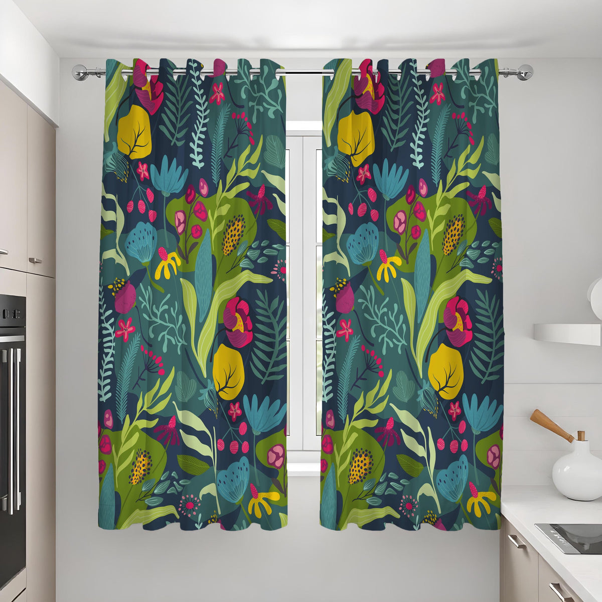 Teal Tropical Botanical Curtains, Jungle Leaf Floral Drapes