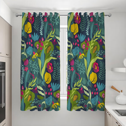 Teal Tropical Botanical Curtains, Jungle Leaf Floral Drapes