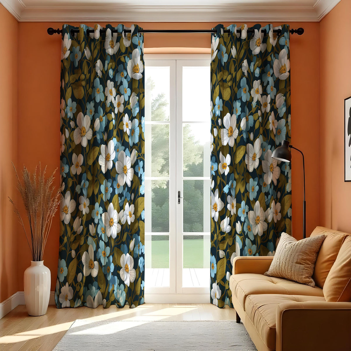 Dark Floral Curtains, White & Blue Flower Farmhouse Drapes