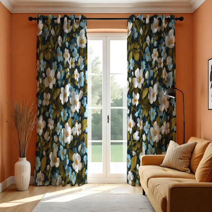 Dark Floral Curtains, White & Blue Flower Farmhouse Drapes