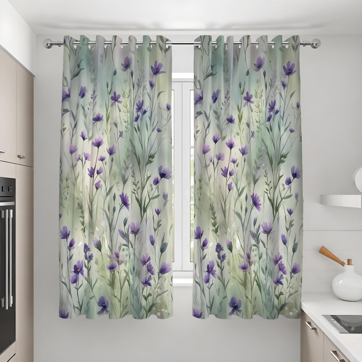 Green Leaf Curtains, Purple Bloom Botanical Print Drapes