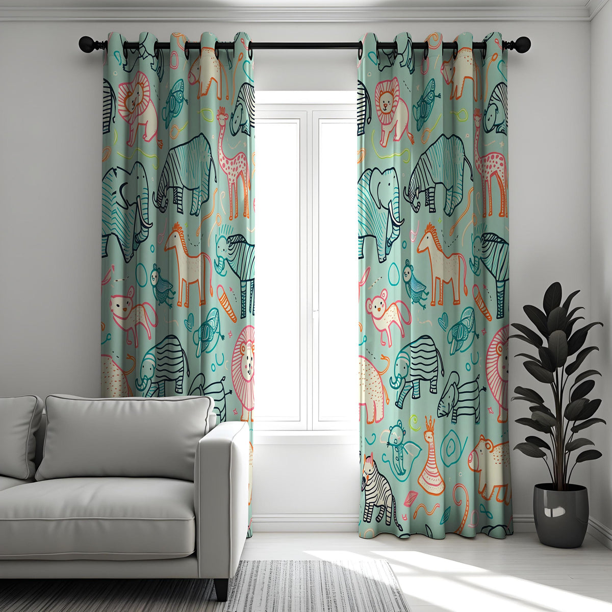 Colorful Safari Animal Kids Curtains, Jungle Nursery Drapes
