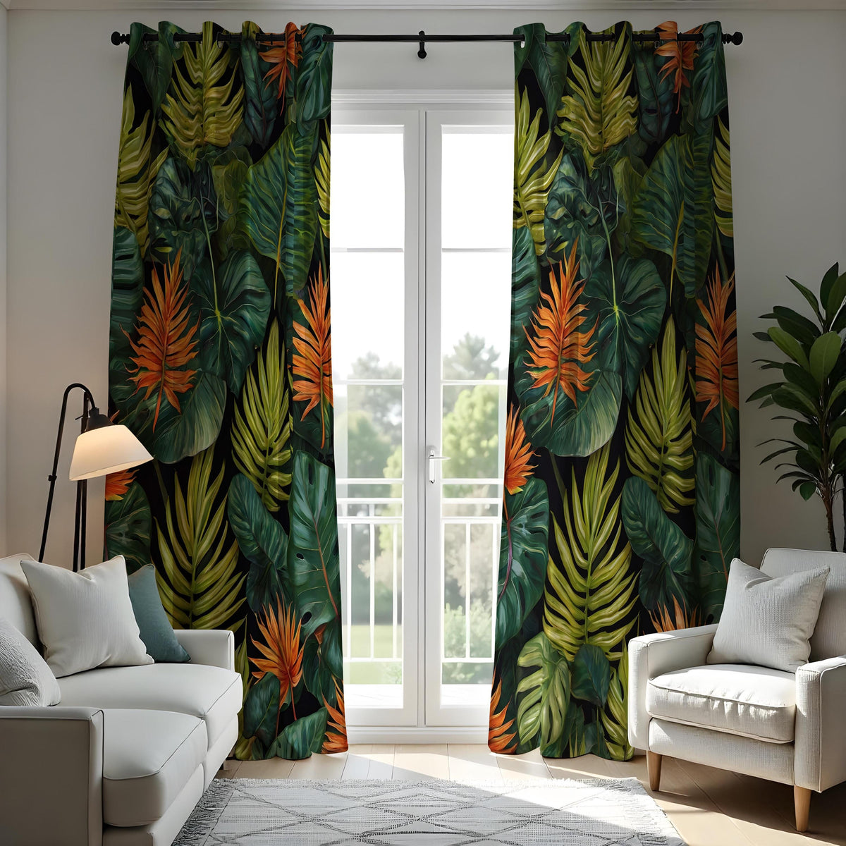 Deep Green & Orange Rainforest Curtains, Tropical Drapes