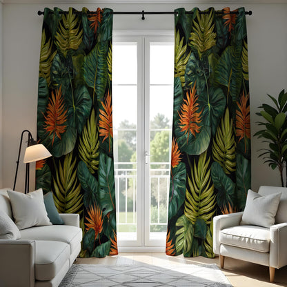 Deep Green & Orange Rainforest Curtains, Tropical Drapes