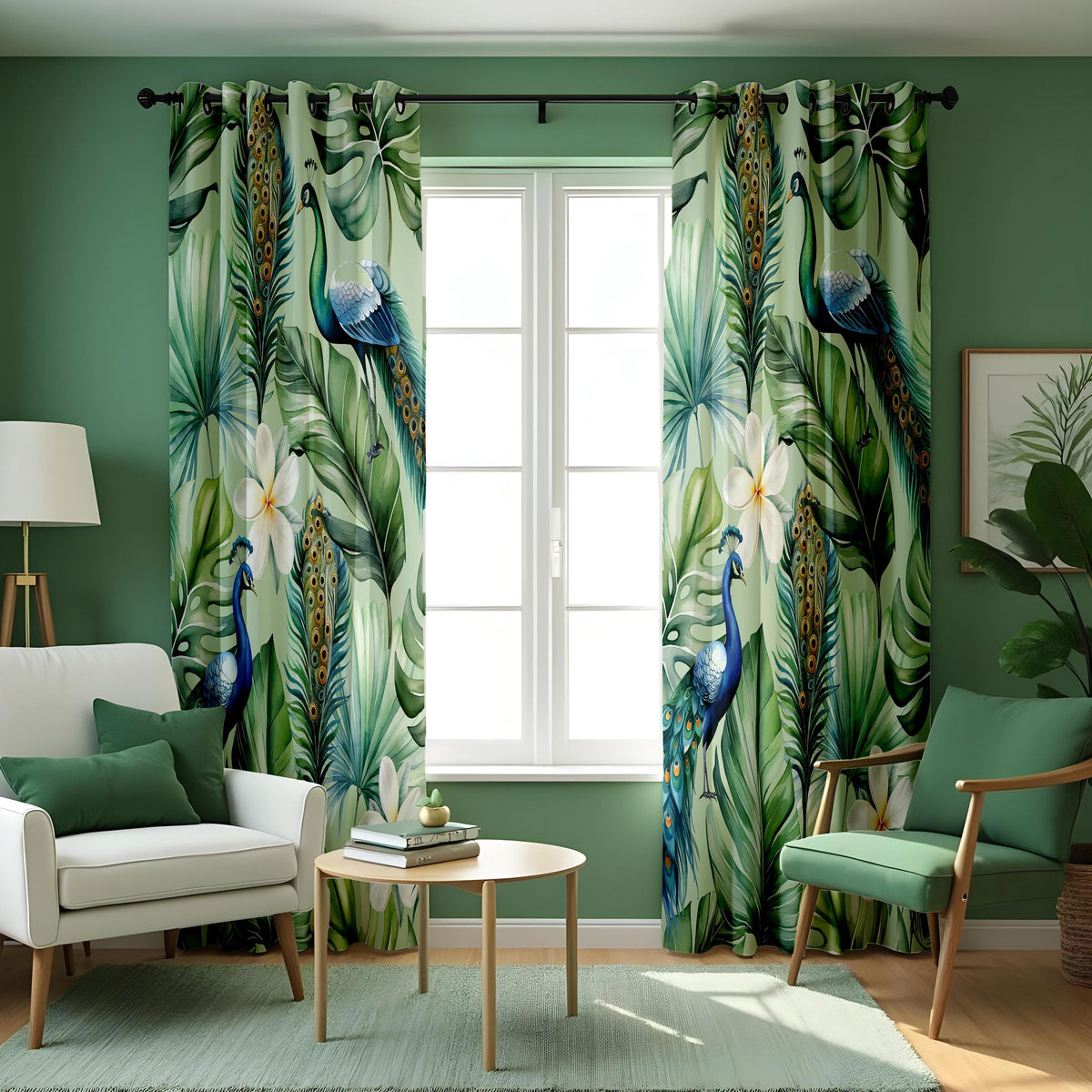 Tropical Peacock Curtains, Blue Bird & Jungle Leaf Drapes