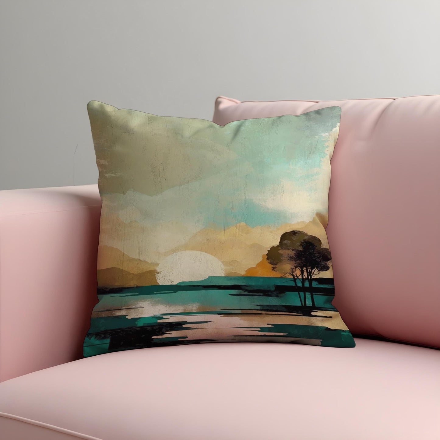 Minimalist Lake Sunset Pillow Cover, Tranquil Mountain Cushion Case
