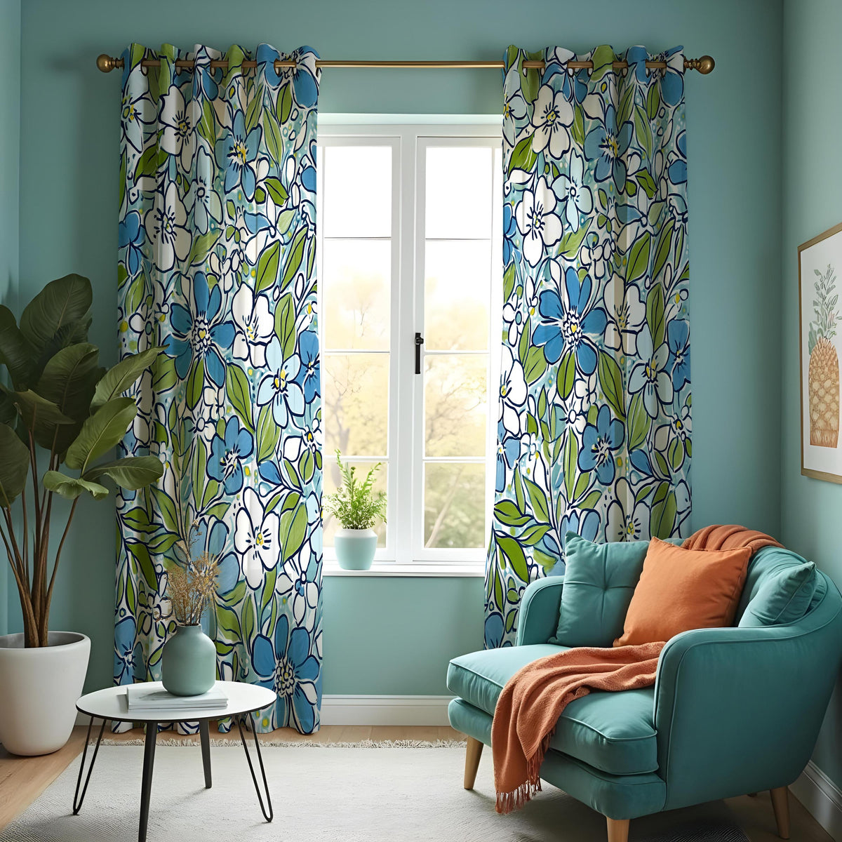Blue & Green Floral Curtains, Retro White Blossom Drapes