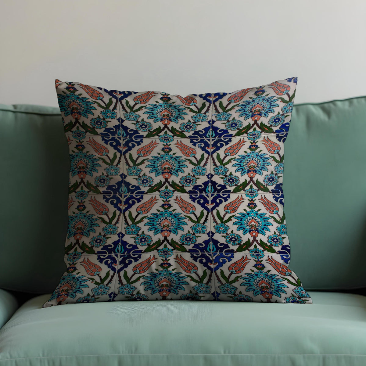 Turkish Tile Cushion Cover, Blue Floral Pattern Throw Pillow Case