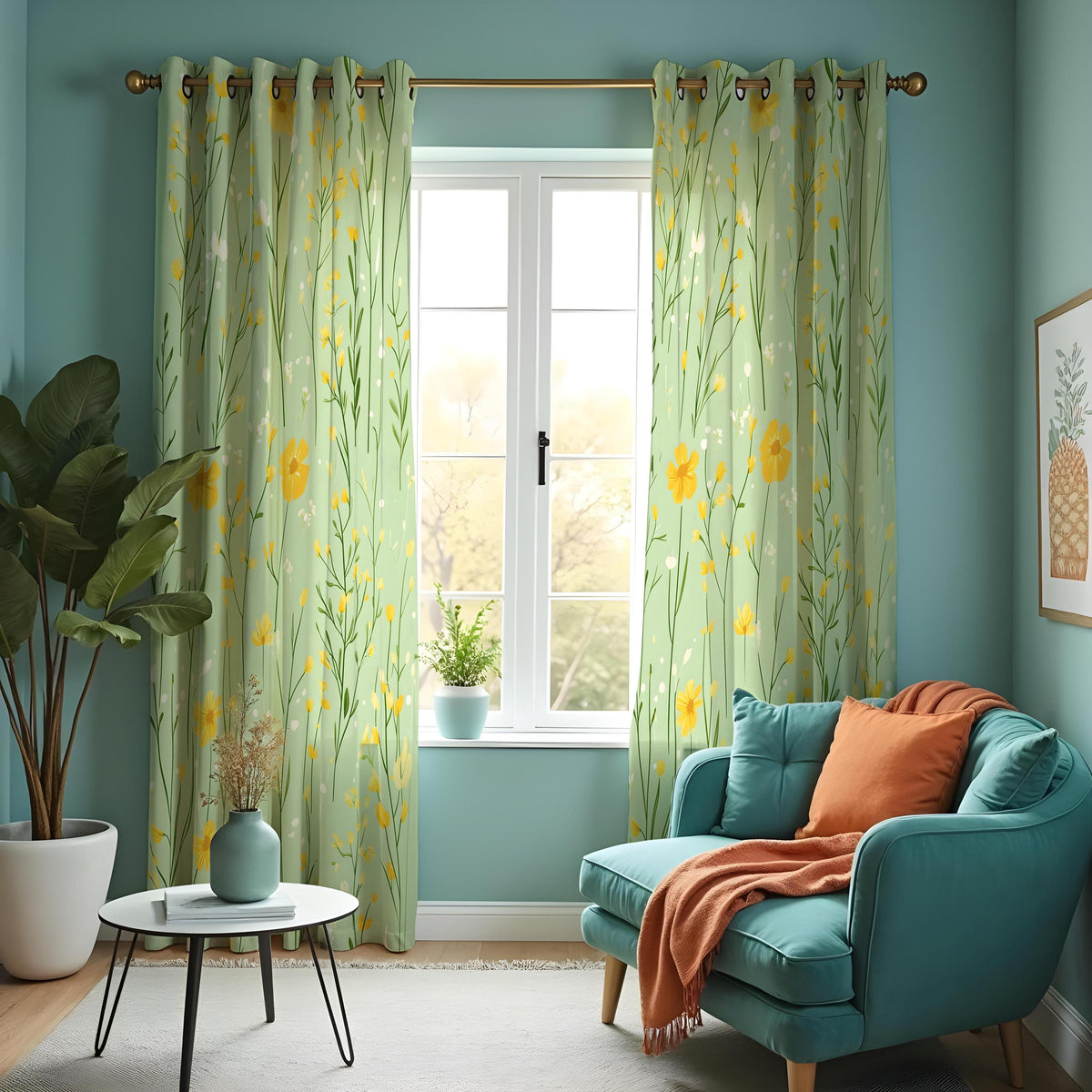 Light Green Meadow Curtains, Yellow Wildflower Drapes