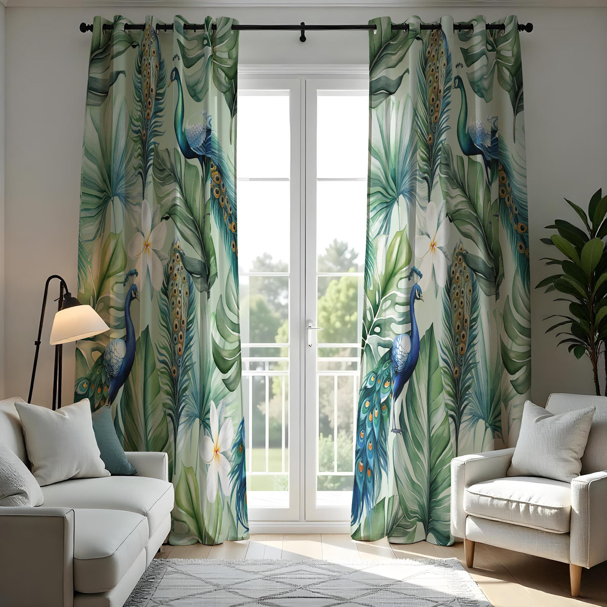 Tropical Peacock Curtains, Blue Bird & Jungle Leaf Drapes