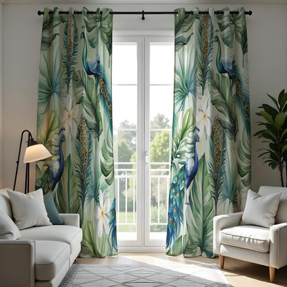 Tropical Peacock Curtains, Blue Bird & Jungle Leaf Drapes