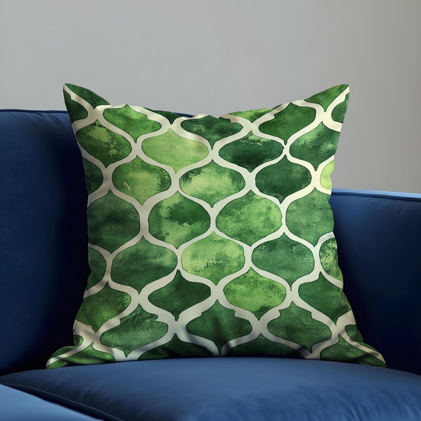 Green Moroccan Trellis Cushion Cover, Watercolor Style Pillow Cover