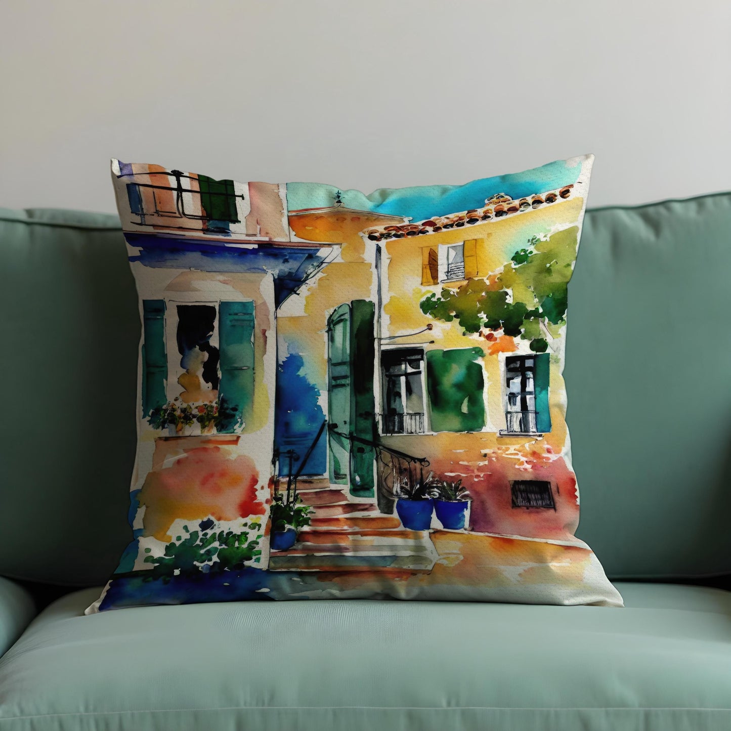 Mediterranean House Cushion Cover, Watercolor Village Scene Pillowcase