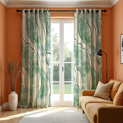 Green Watercolor Abstract Curtains, Artistic Custom Drapes