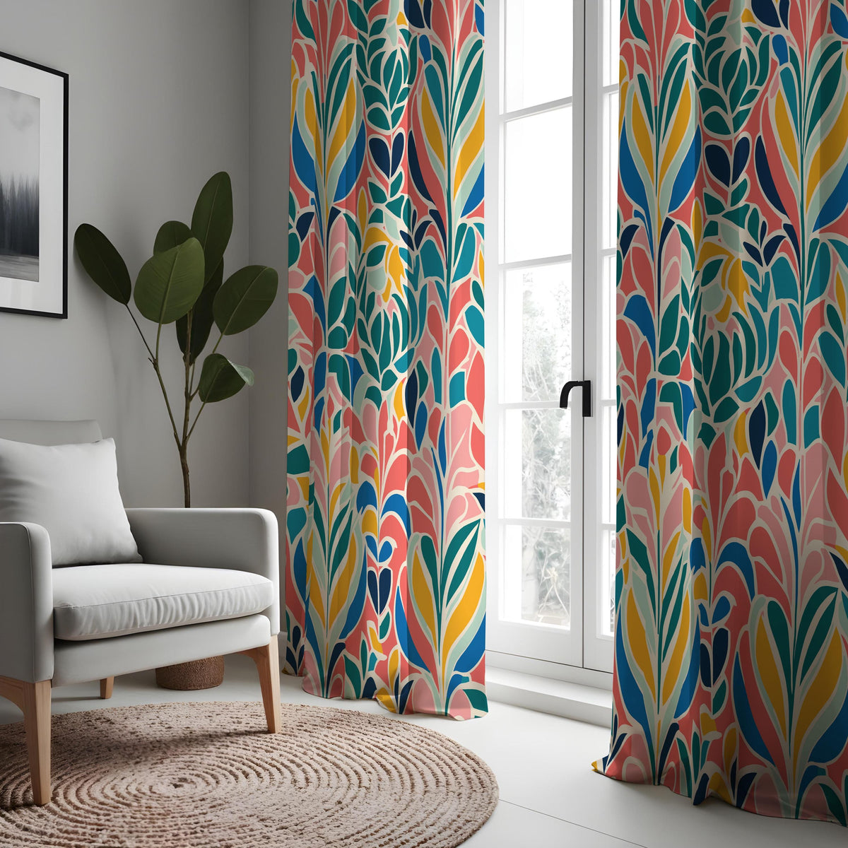 Colorful Abstract Leaf Curtains, Retro Botanical Drapes