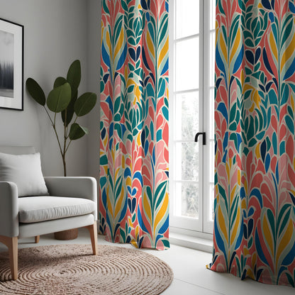 Colorful Abstract Leaf Curtains, Retro Botanical Drapes