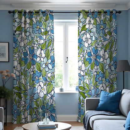 Blue & Green Floral Curtains, Retro White Blossom Drapes