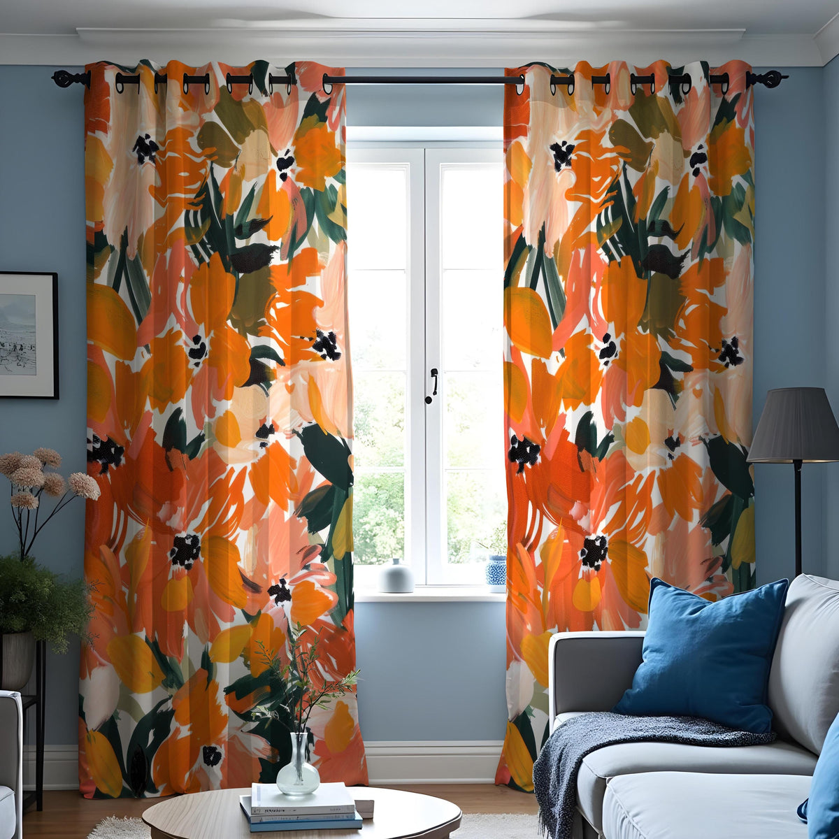 Orange Abstract Floral Curtains, Painterly Botanical Drapes