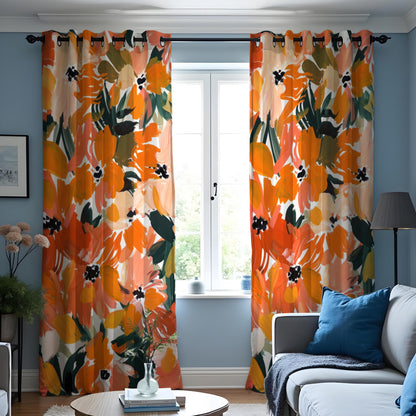 Orange Abstract Floral Curtains, Painterly Botanical Drapes