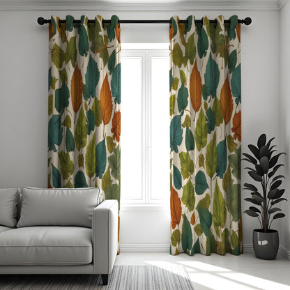 Green & Orange Autumn Leaf Curtains, Botanical Drapes