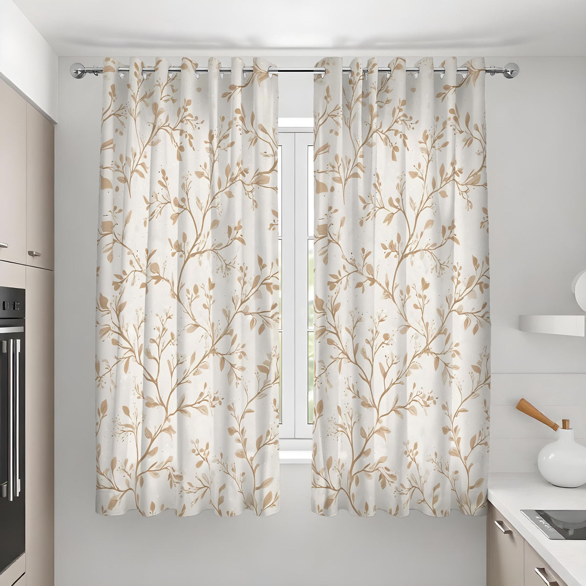 Beige Leaf & Branch Curtains, Neutral Botanical Drapes