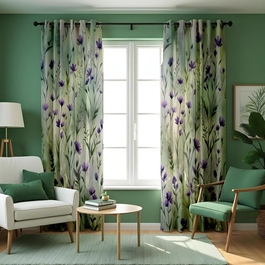 Green Leaf Curtains, Purple Bloom Botanical Print Drapes