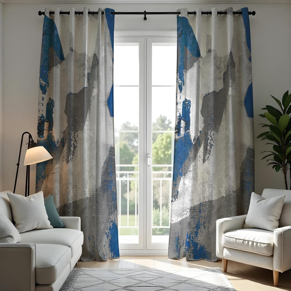 Grey and Blue Brushstroke Curtains, Abstract Art Drapes