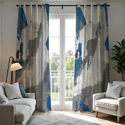 Grey and Blue Brushstroke Curtains, Abstract Art Drapes