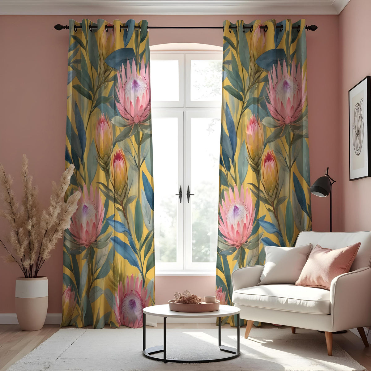 Pink Protea Tropical Curtains, Green Leaf Floral Drapes
