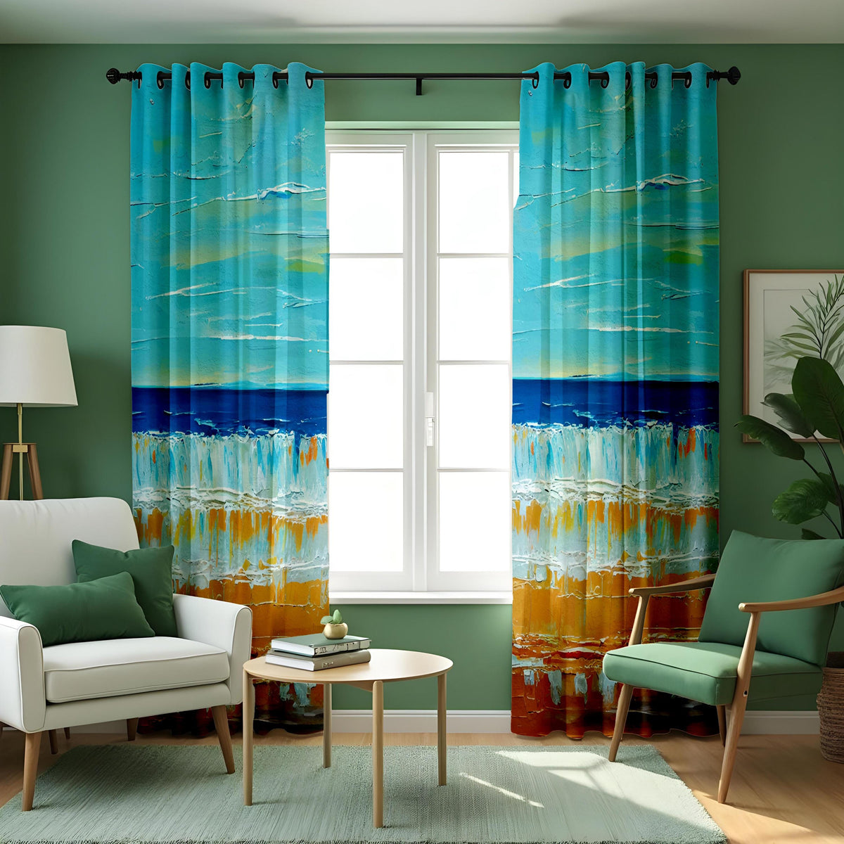 Ocean Sunset Beach Curtains, Coastal Nautical Window Drapes