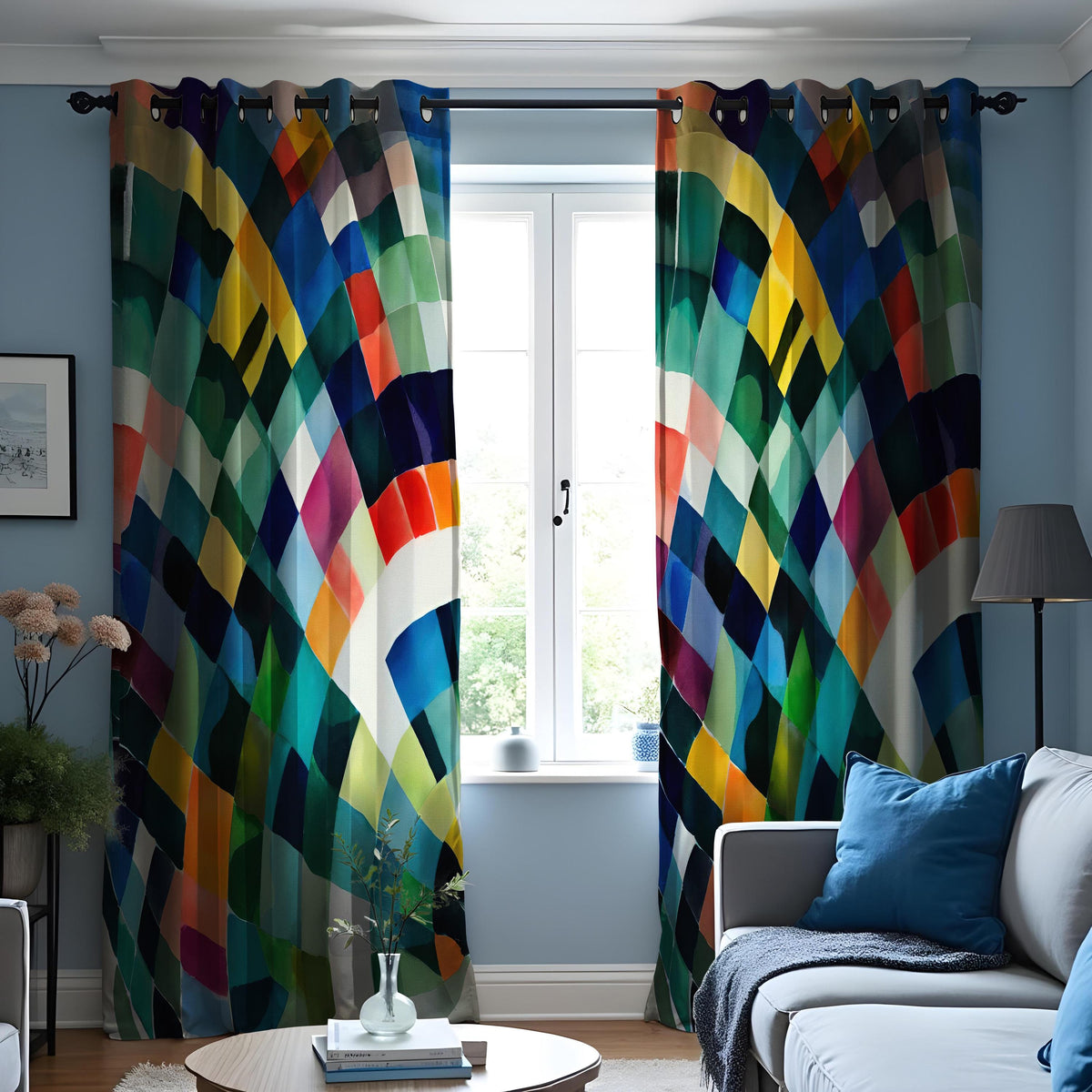 Rainbow Geometric Curtains, Colorful Abstract Window Drapes