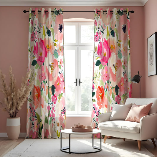 Pink Watercolor Floral Curtains, Bold Botanical Drapes