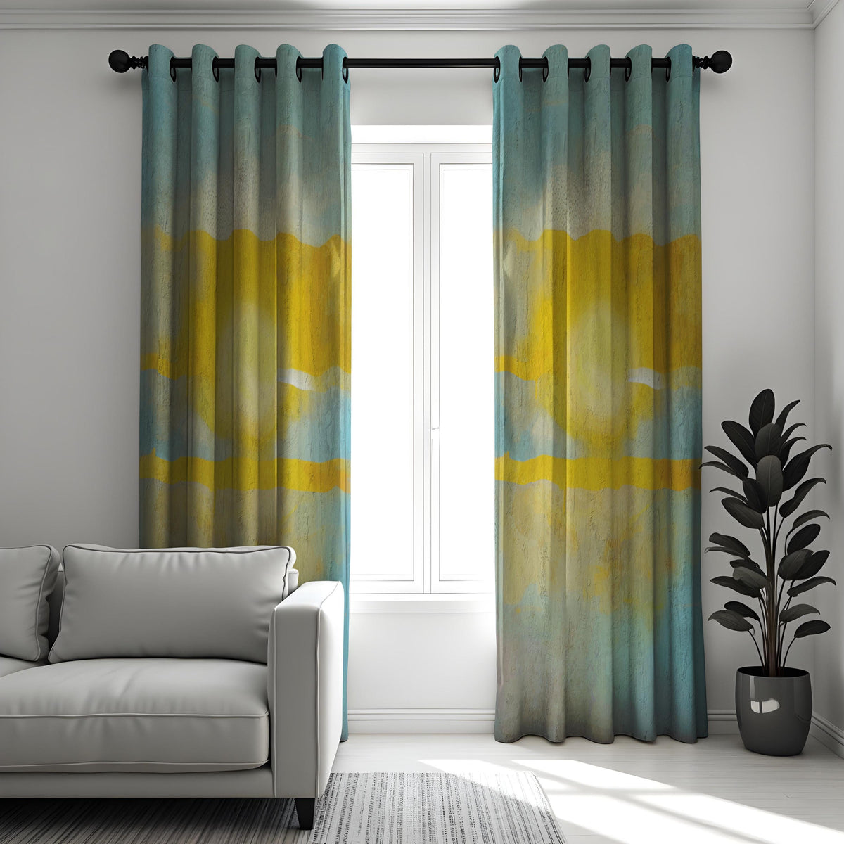 Yellow Blue Watercolor Landscape Curtains, Boho Drapes