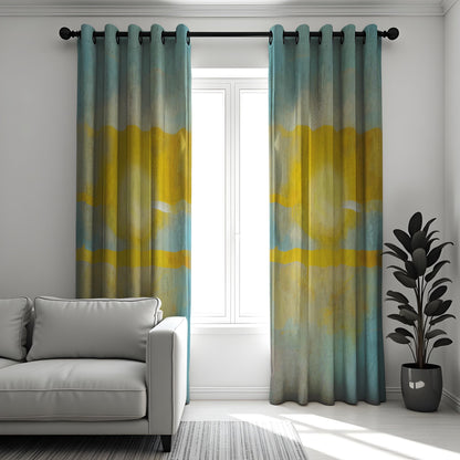 Yellow Blue Watercolor Landscape Curtains, Boho Drapes