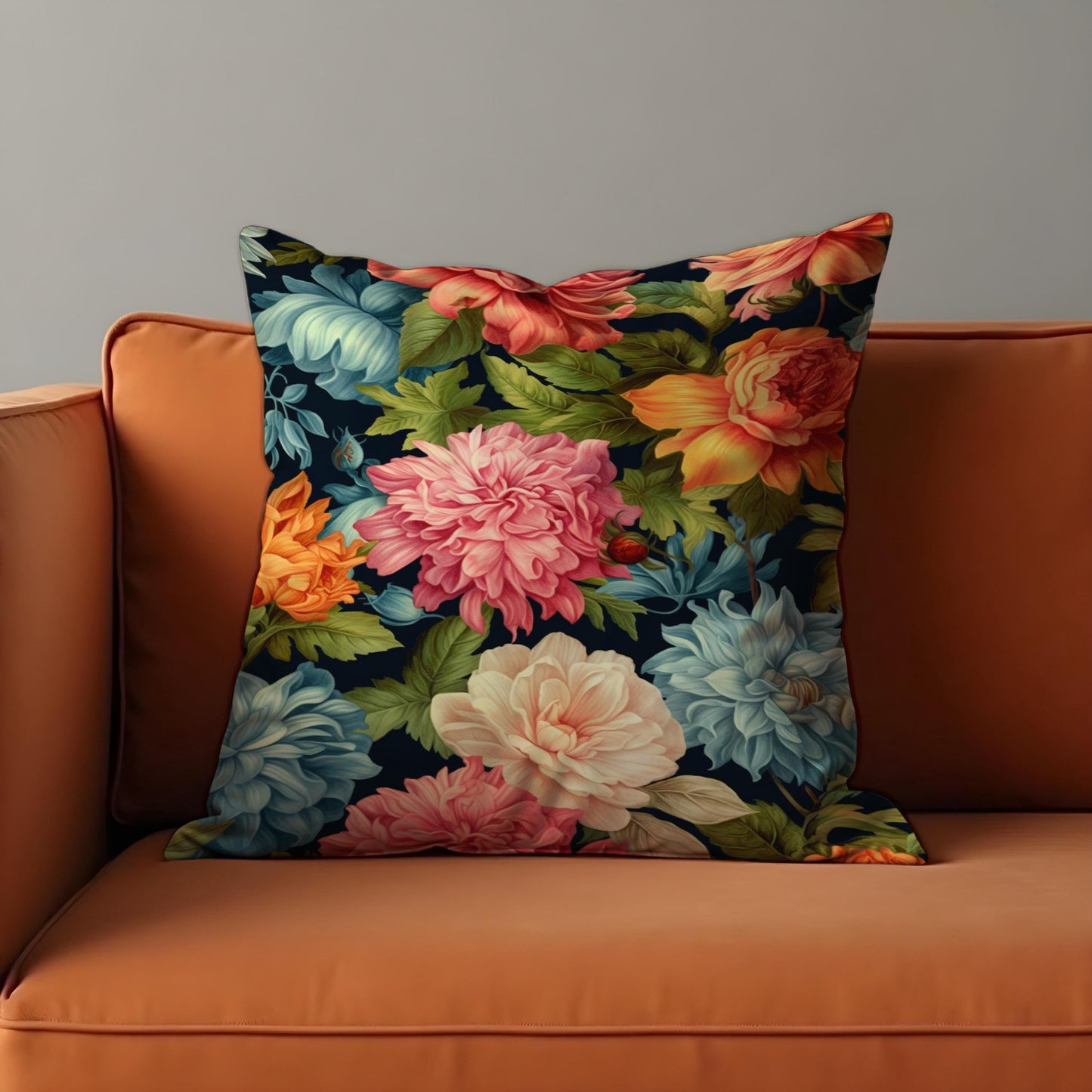 Bold Classic Floral Cushion Cover, Multicolor Peonies & Leaves Pillow Case