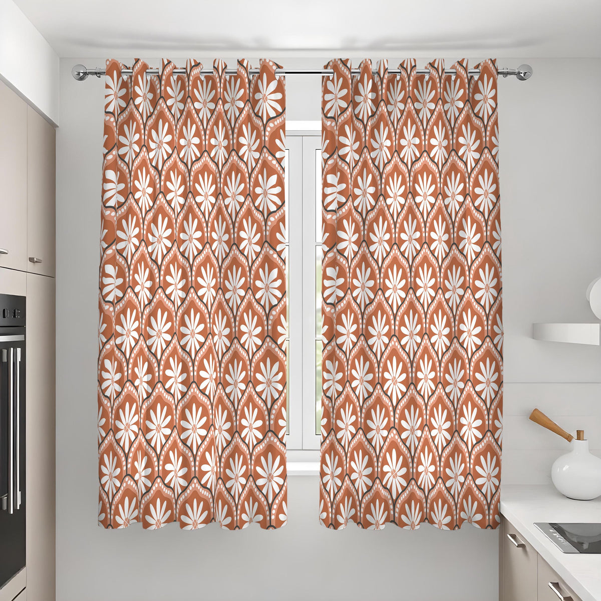 Retro Orange Daisy Curtains, Mid Century Geometric Drapes