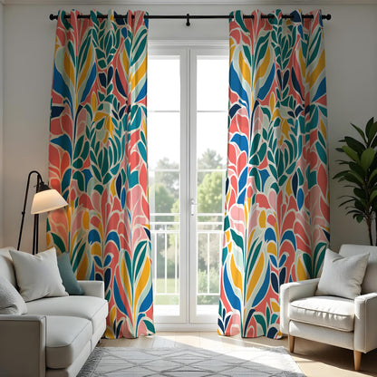 Colorful Abstract Leaf Curtains, Retro Botanical Drapes