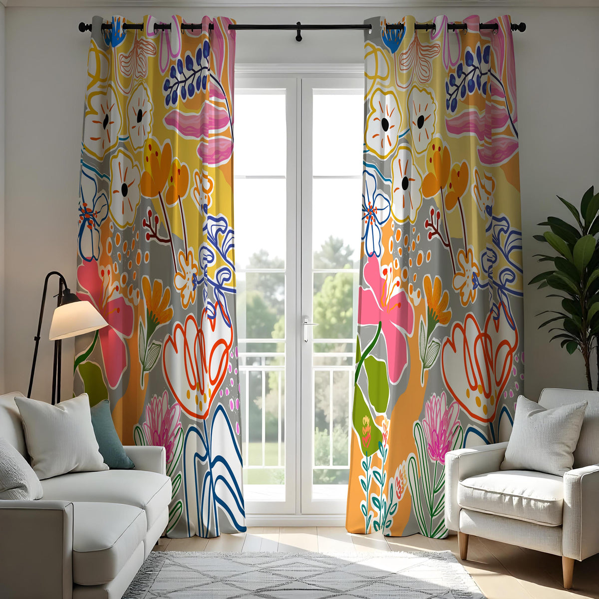 Bright Abstract Floral Curtains, Boho Art Print Drapes