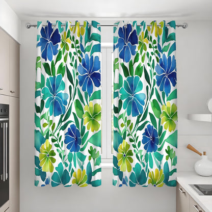 Blue & Green Tropical Floral Curtains, Summer Drapes
