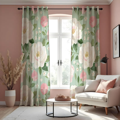 Pink & White Floral Curtains, Big Bloom Botanical Drapes