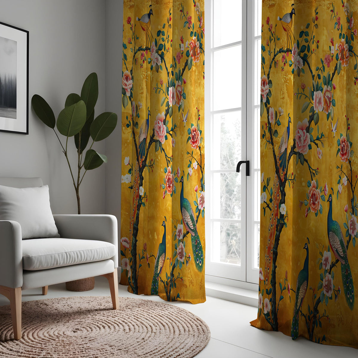 Yellow Chinoiserie Peacock Curtains, Floral Window Drapes