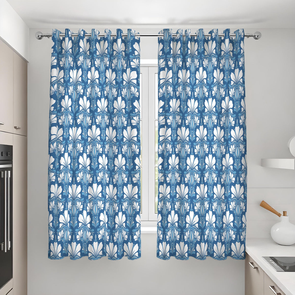 Blue Art Deco Curtains, Classic Geometric Window Drapes