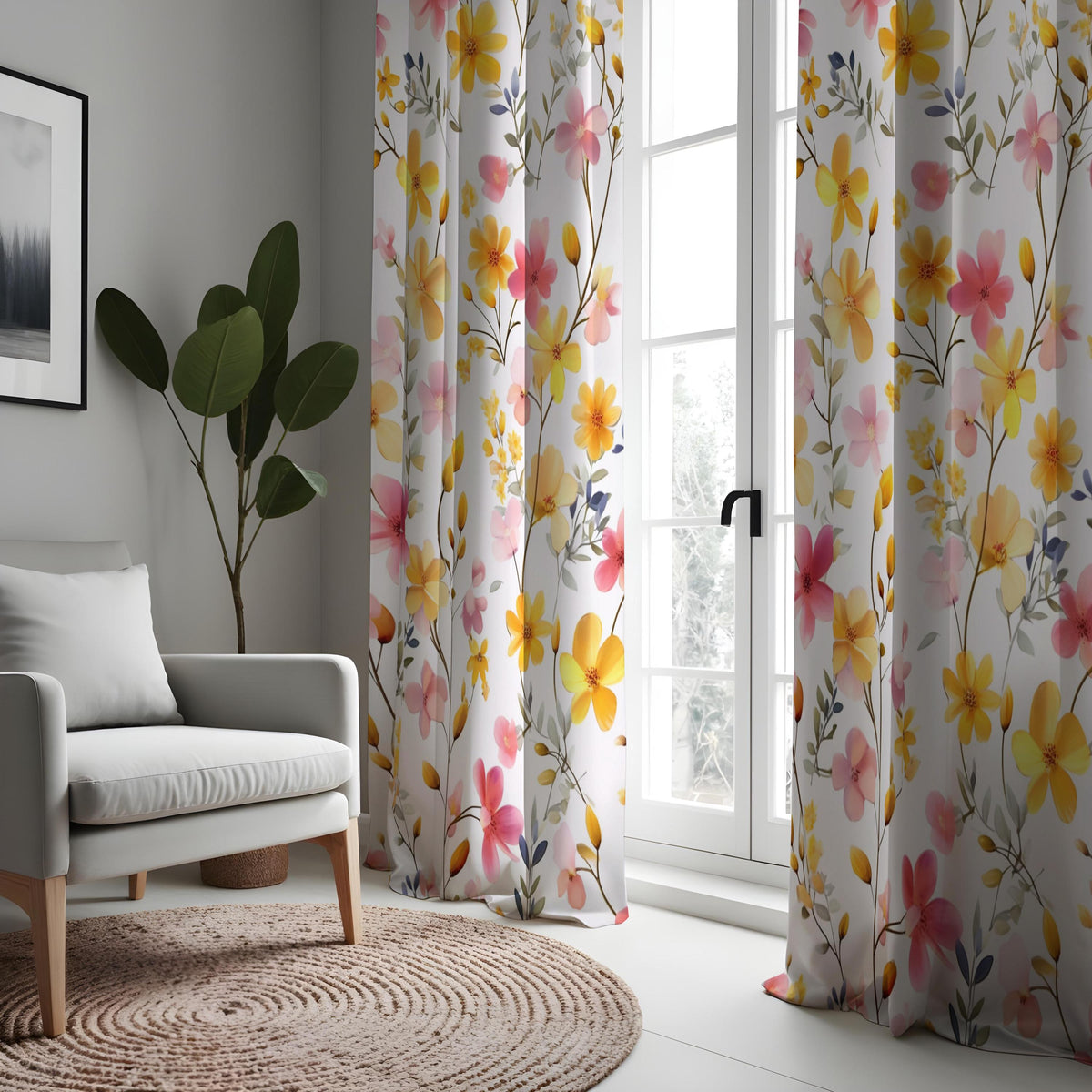 Yellow and Pink Floral Curtains, Watercolor Flower Drapes