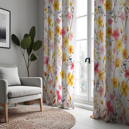 Yellow and Pink Floral Curtains, Watercolor Flower Drapes