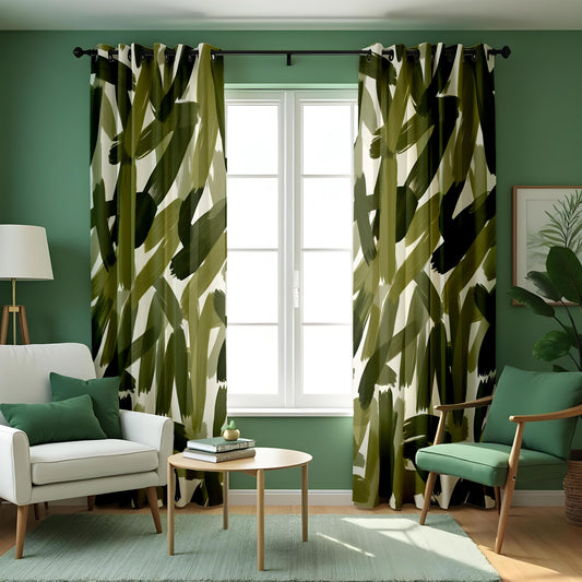Green Abstract Brushstroke Curtains, Modern Artistic Drapes