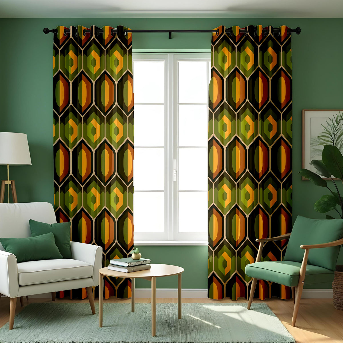 Retro Geometric Curtains, Olive Green & Orange Drapes