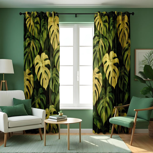 Green Monstera Curtains, Large Leaf Tropical Drapes
